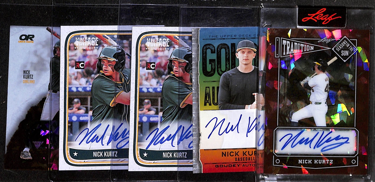 Lot of (5) Nick Kurtz Autographed Baseball Cards w. 2025 Leaf Seasons in the Sun Auto #10/30